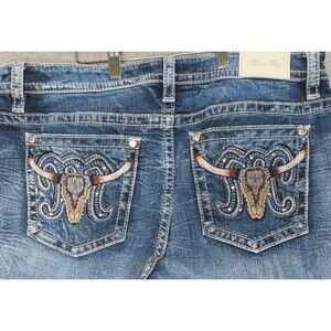 Miss Me Jeans 34 Blue High Rise Curvy Boot Thick Stitch Embroidered Skull Bling